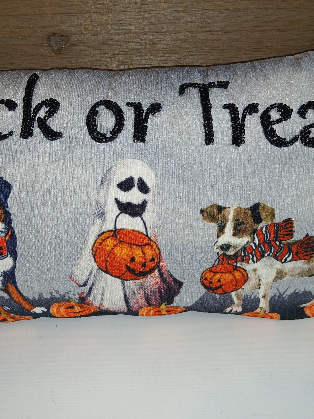 Decorative Halloween Dog And Ghost Beaded Pillow Spooky Adorable 10" x 17"